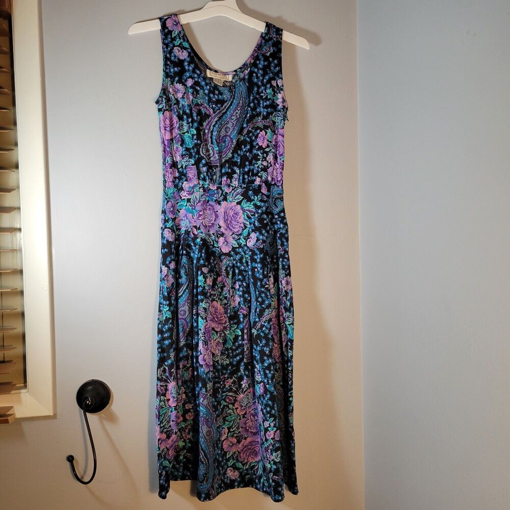 Vintage S. Roberts 80's Blue and Purple Floral Sleeveless Dress Sz 3